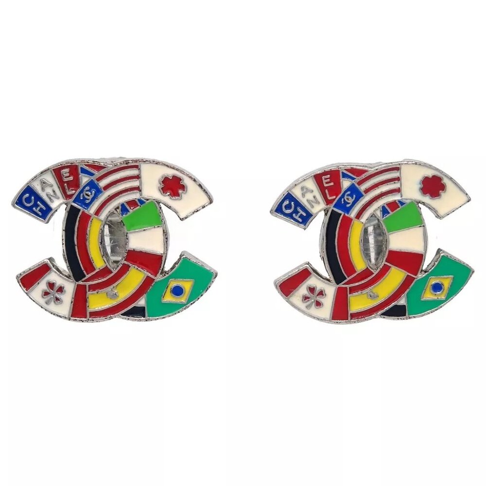 Chanel CC Earrings Clip-On International Flags Silver 03A 124556